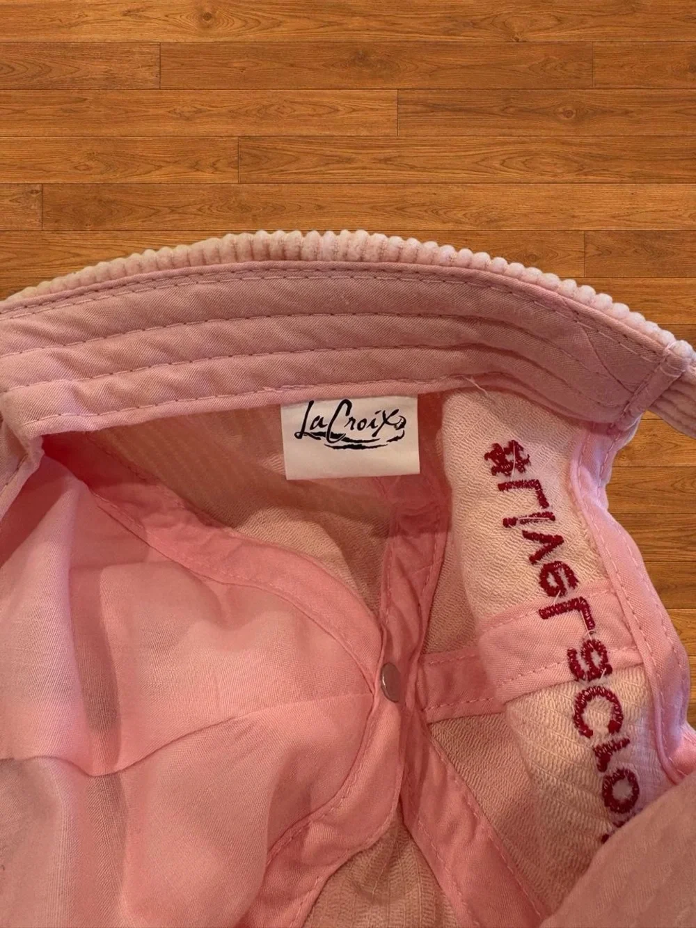 Corduroy Pink Baseball Cap with La Croix Can Embroidery
